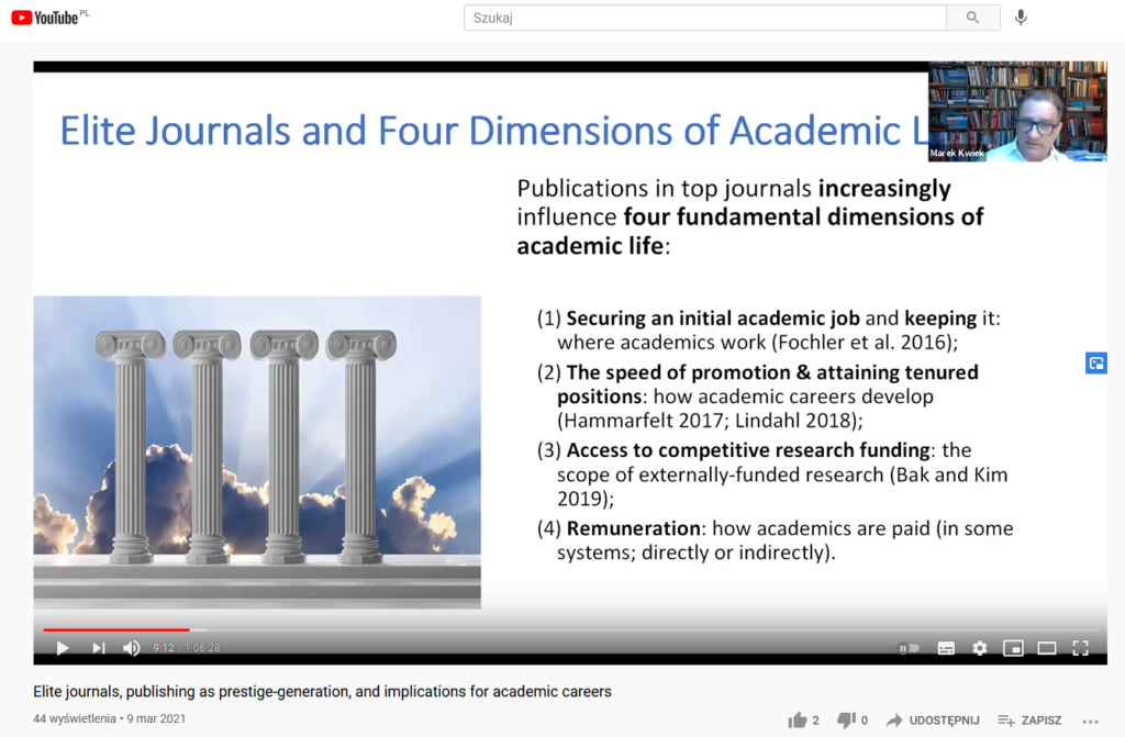Marek Kwiek’s seminar at the CGHE, University of Oxford, available on YouTube: “Elite journals and publishing as prestige-generation”